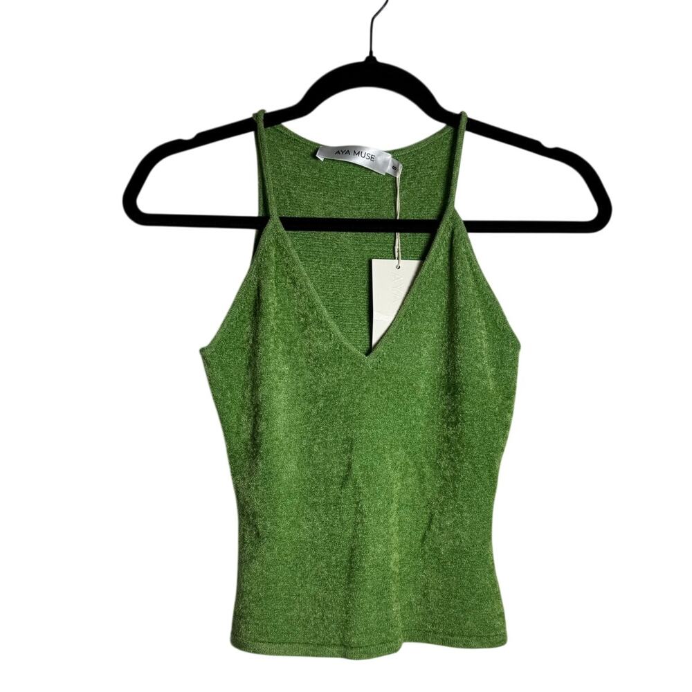 AYA MUSE Tank NWT Fuzzy Knit V-Neck Spaghetti Strap Bright Green Size S